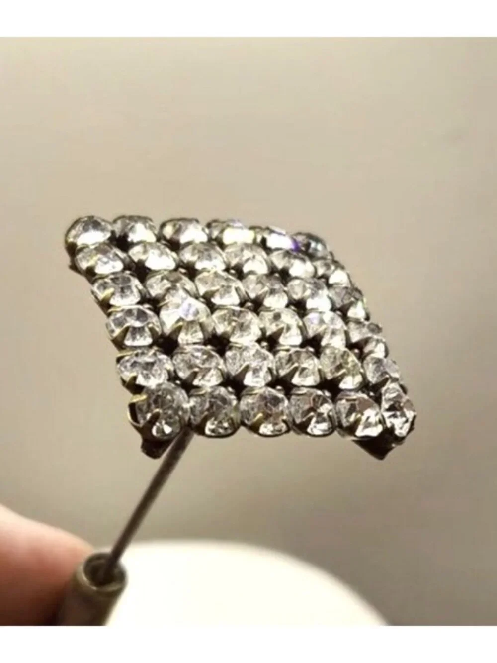 Vintage Square Rhinestone Stick Pin Brooch With Silver-Tone Metal Base